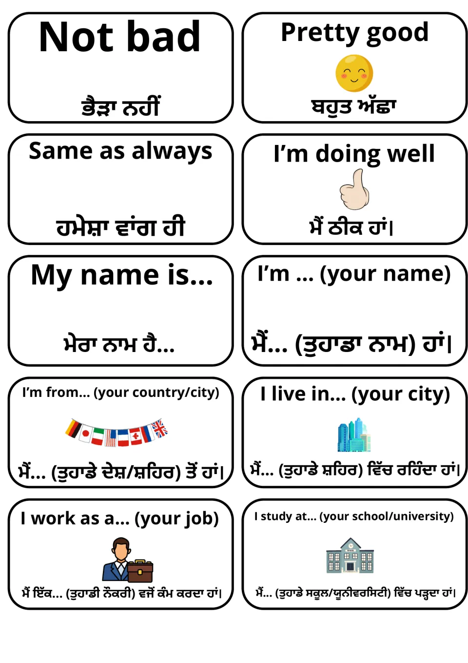Self-introduction flashcards: Not bad, My name is..., I'm from... and I work as a... with Punjabi translations