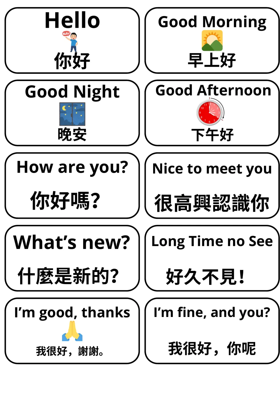 English–Mandarin flashcards 1–10: Hello, Good Morning, How are you? and seven more greeting phrases.