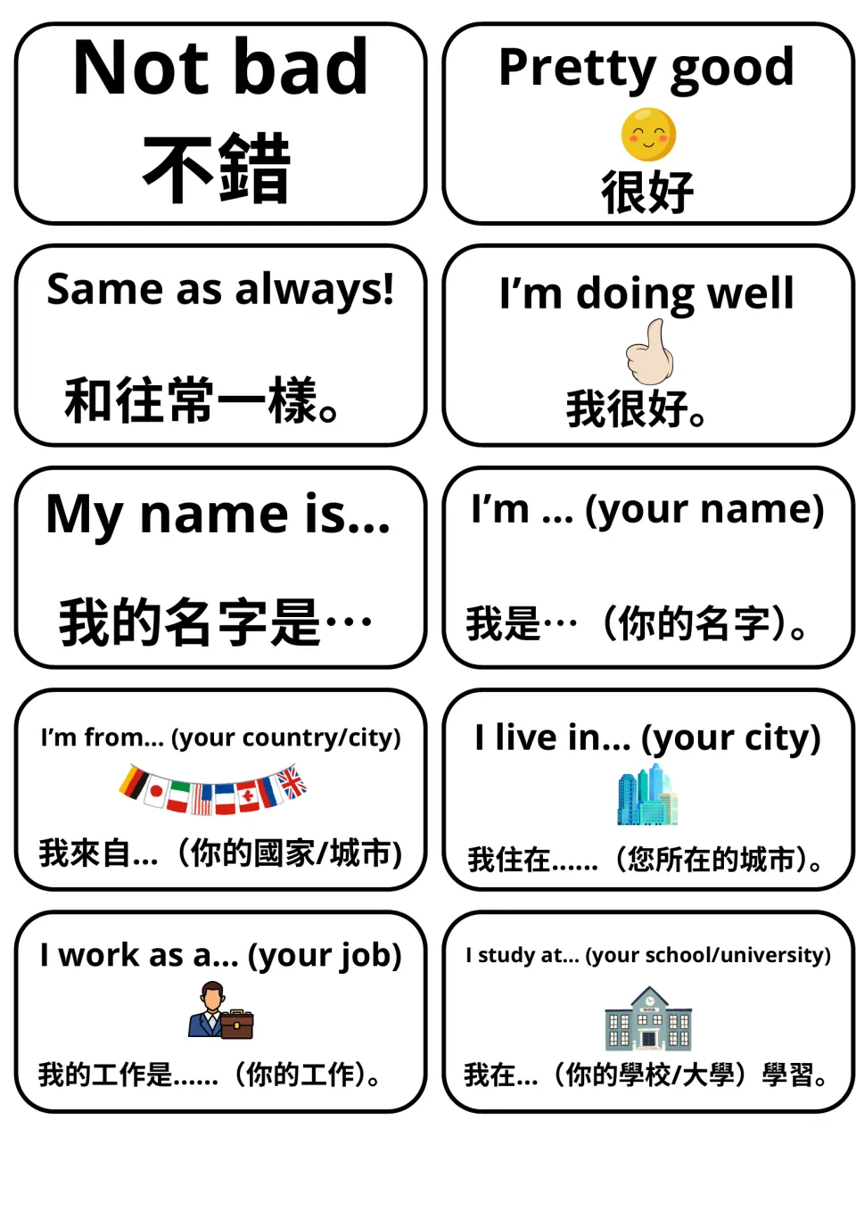 English–Mandarin flashcards 11–20: Not bad, Pretty good and eight more responses and self-introductions.