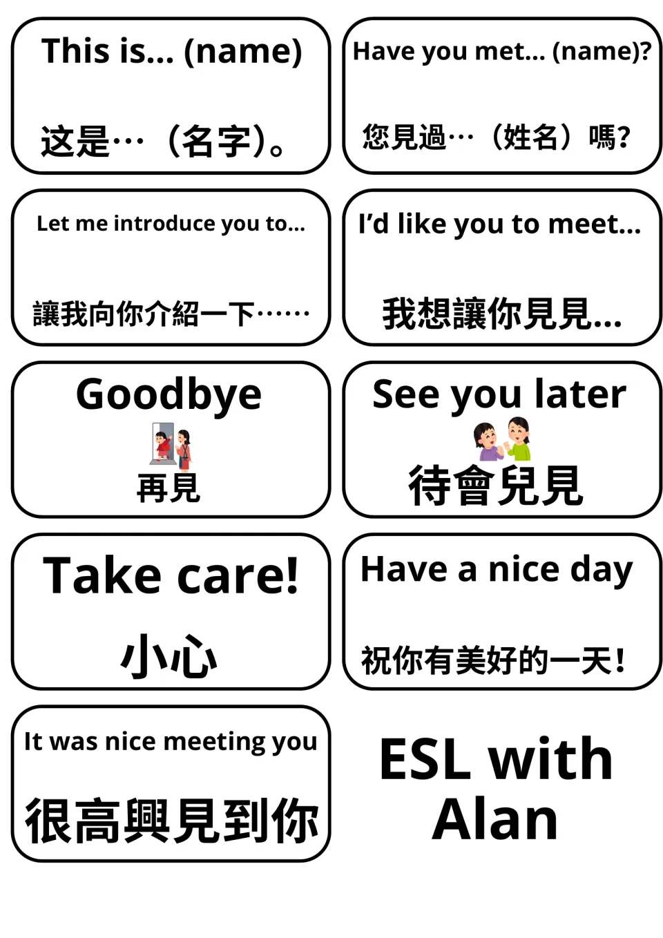 English–Mandarin flashcards 21–29: This is... (name), Goodbye and seven more introductions and farewells.