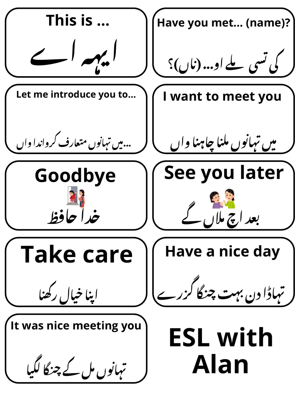 Introducing others and farewells: 9 cards such as This is…, Goodbye and Take care in English and Punjabi Shahmukhi