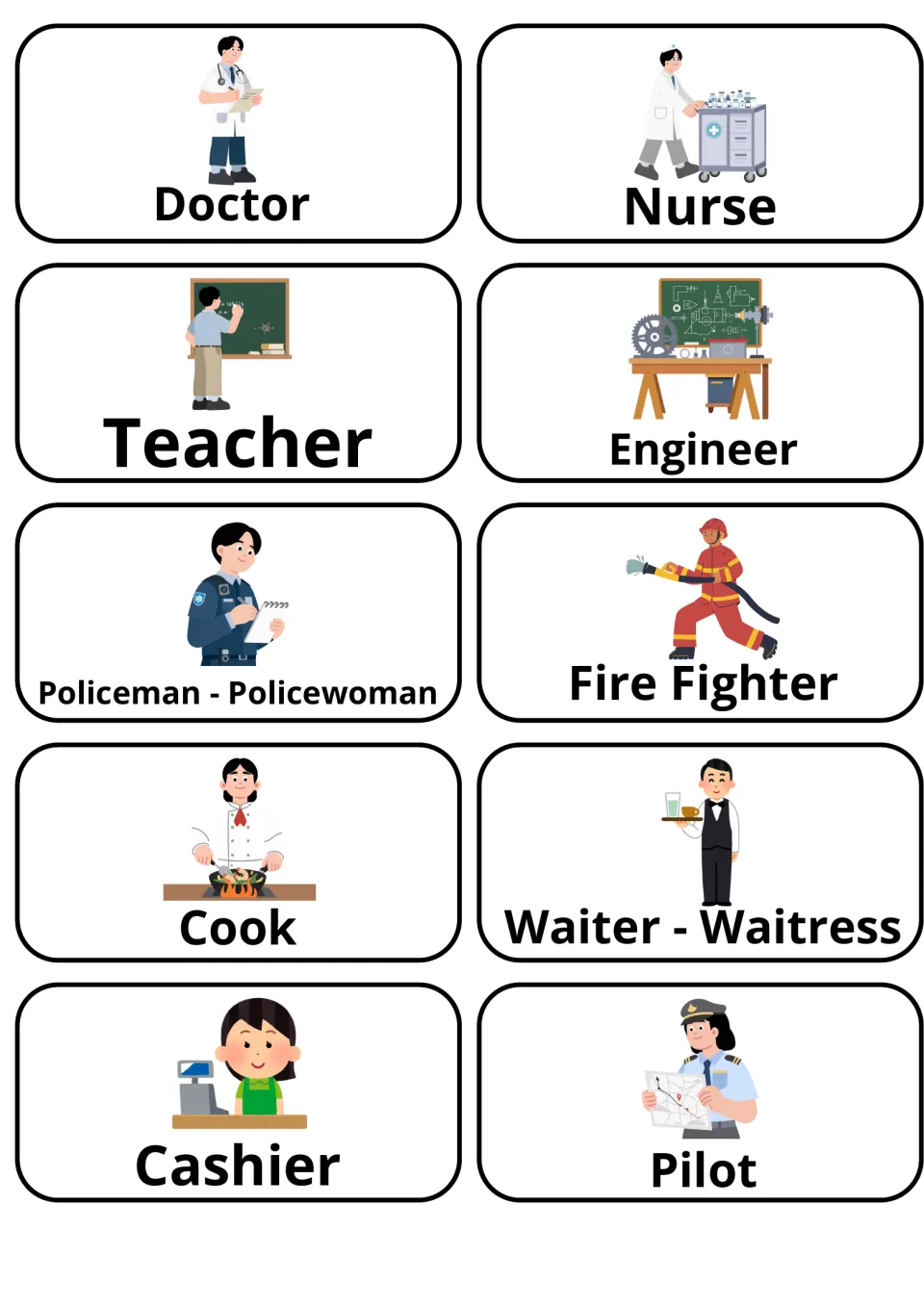 Jobs vocabulary: 10 picture cards naming doctor, nurse, teacher, police officer, firefighter, cook, pilot and more