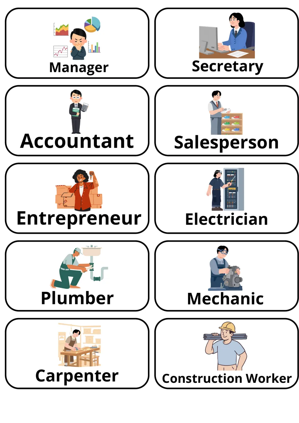 Office and trade jobs: picture cards for manager, secretary, accountant, entrepreneur, plumber, carpenter and more