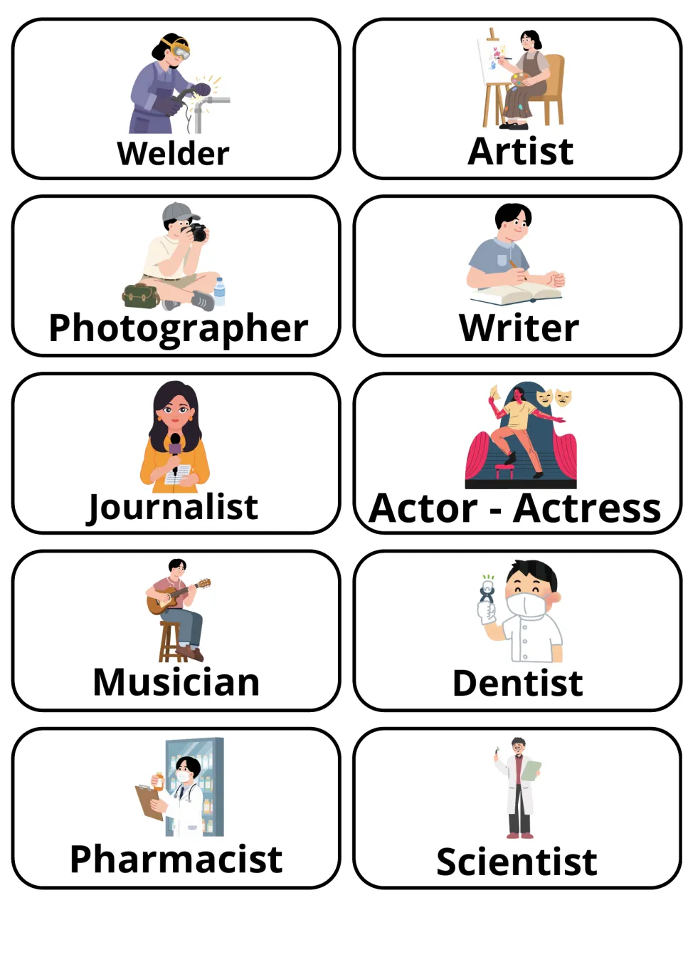 Creative and health jobs: illustrated cards labeled welder, artist, photographer, journalist, musician, dentist and more