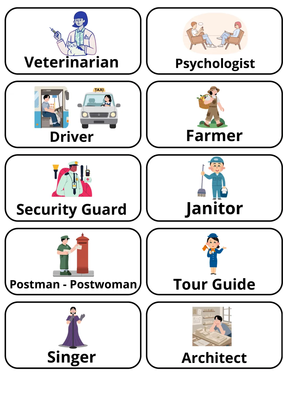 Final set of jobs: labeled pictures of a veterinarian, psychologist, farmer, security guard, janitor, singer and more