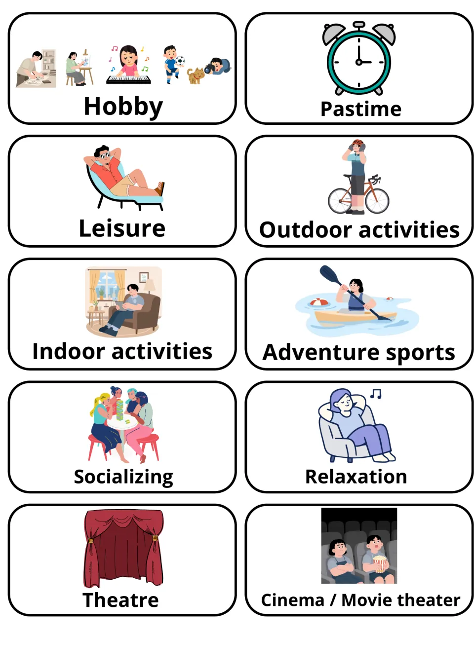 Leisure words picture flashcards: hobby, pastime, leisure, indoor and outdoor activities, socializing, theatre, cinema