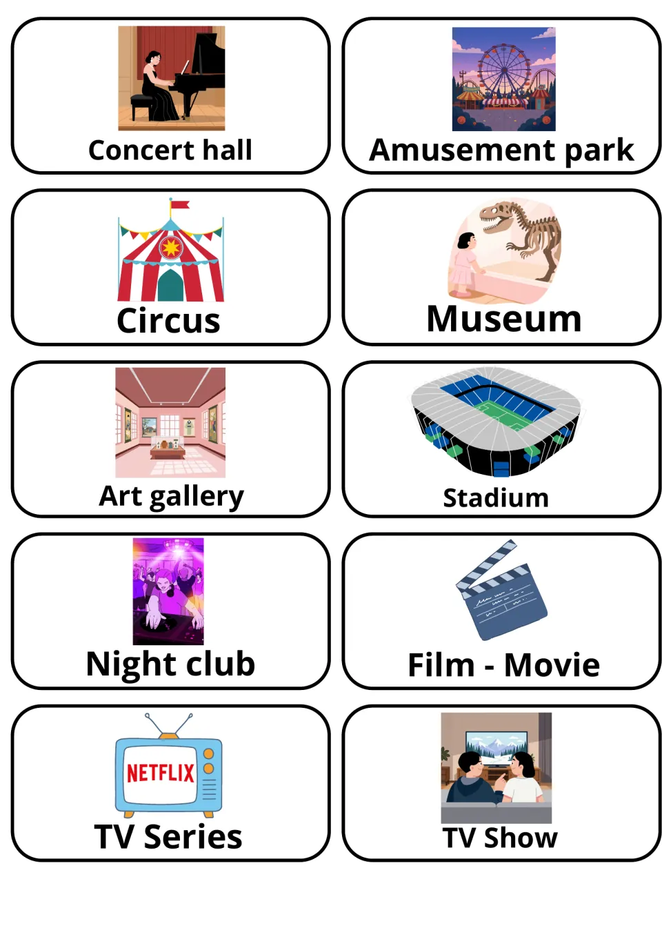 Entertainment places picture cards: concert hall, amusement park, circus, museum, stadium, night club, film, TV show