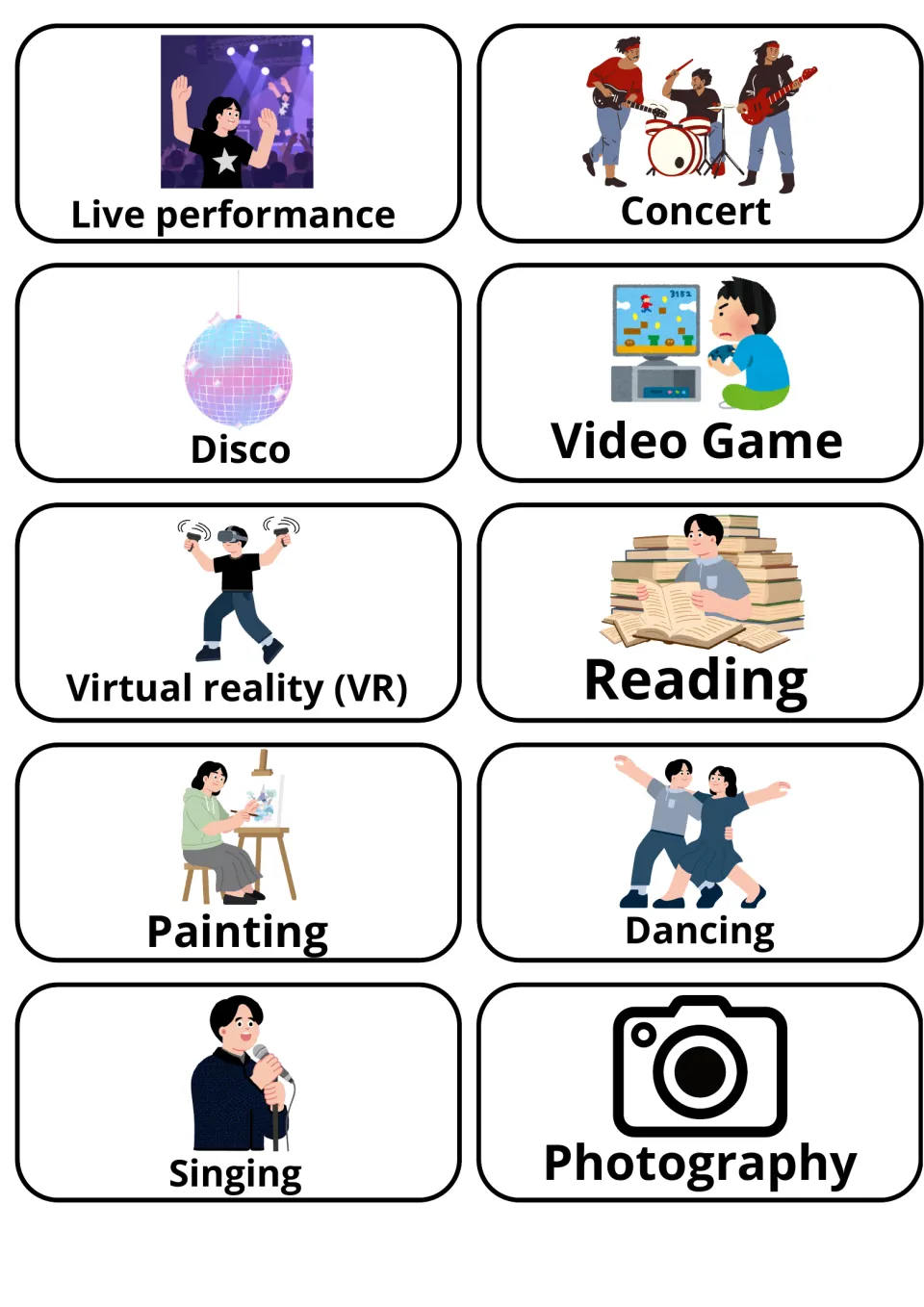 Arts and media vocabulary cards: live performance, concert, disco, video game, VR, reading, painting, dancing, singing