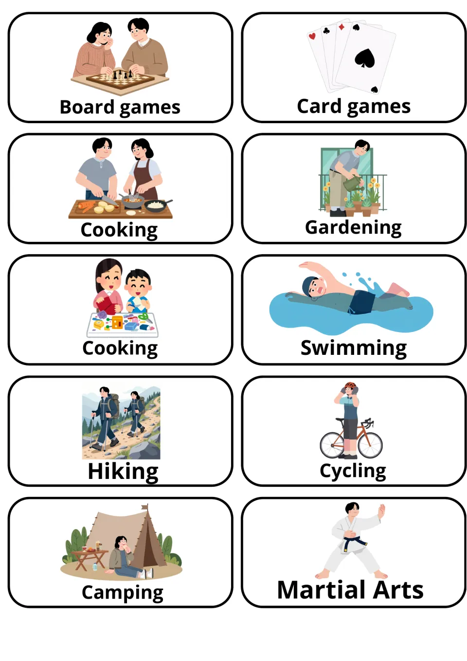 Games and sports flashcards: board games, card games, cooking, gardening, swimming, hiking, cycling, camping, martial arts