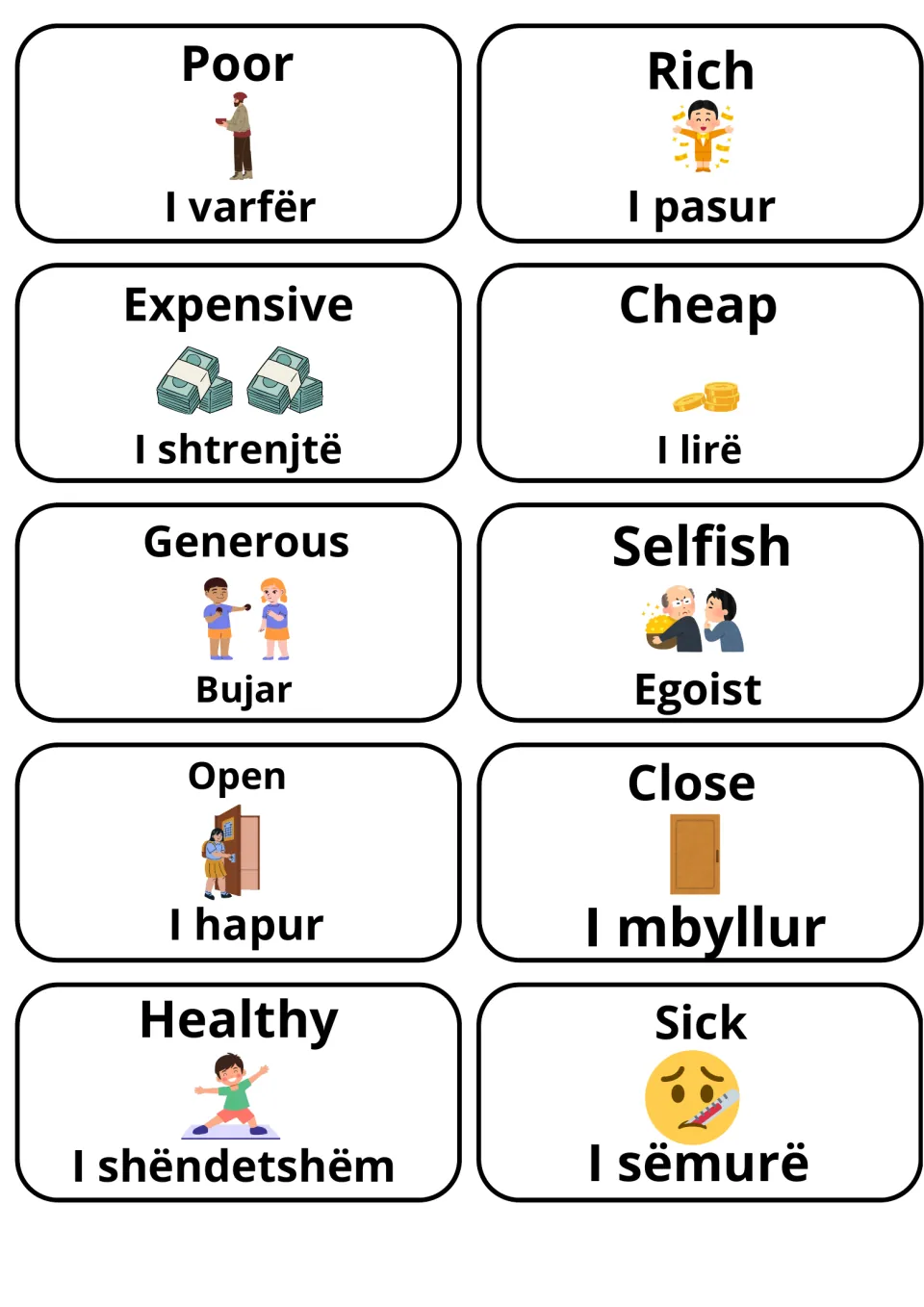 Adjective cards on money, character and health: poor/rich, expensive/cheap, generous/selfish, open/close, healthy/sick