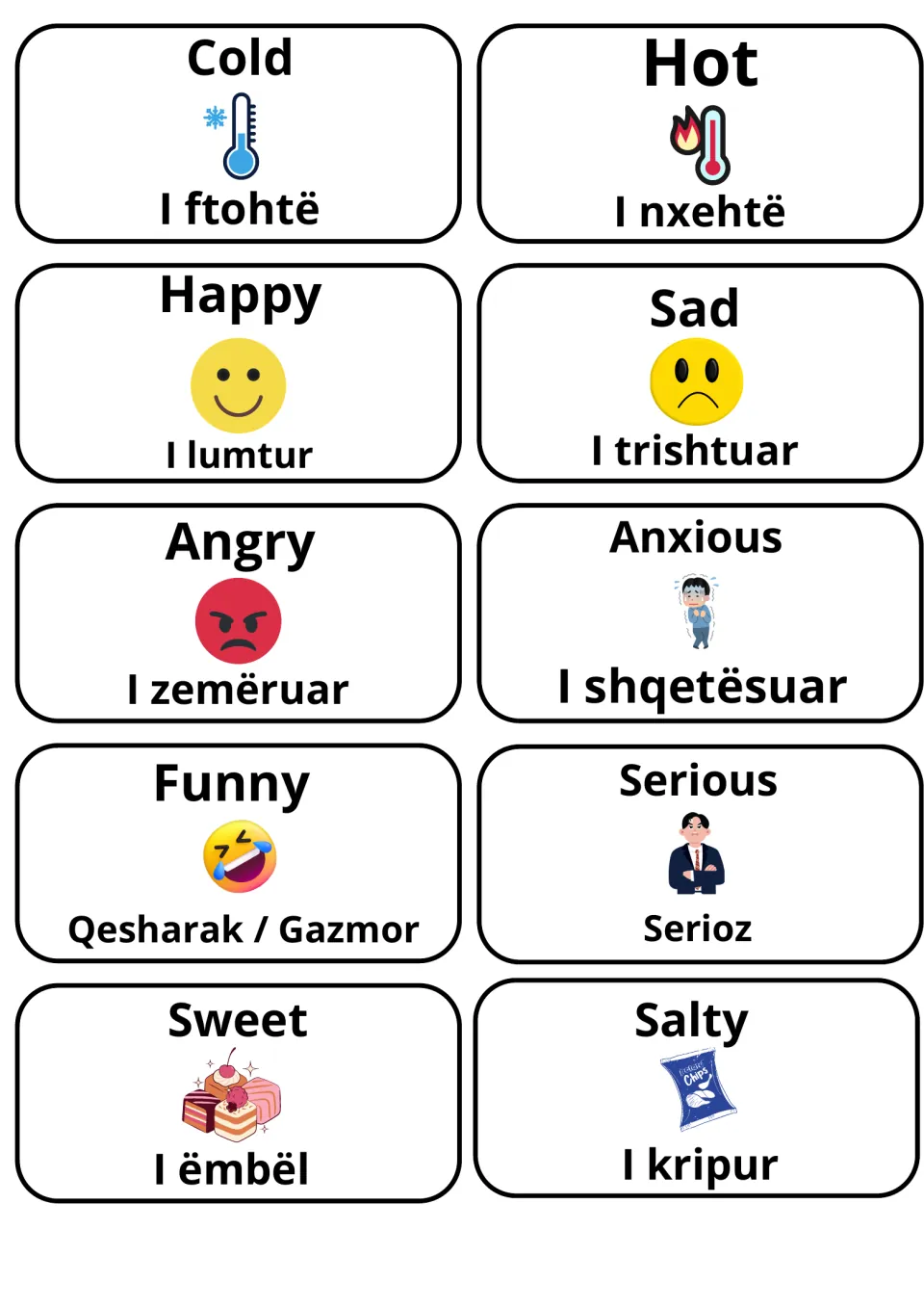 Feelings and senses vocabulary cards: cold/hot, happy/sad, angry/anxious, funny/serious, sweet/salty, in Albanian too