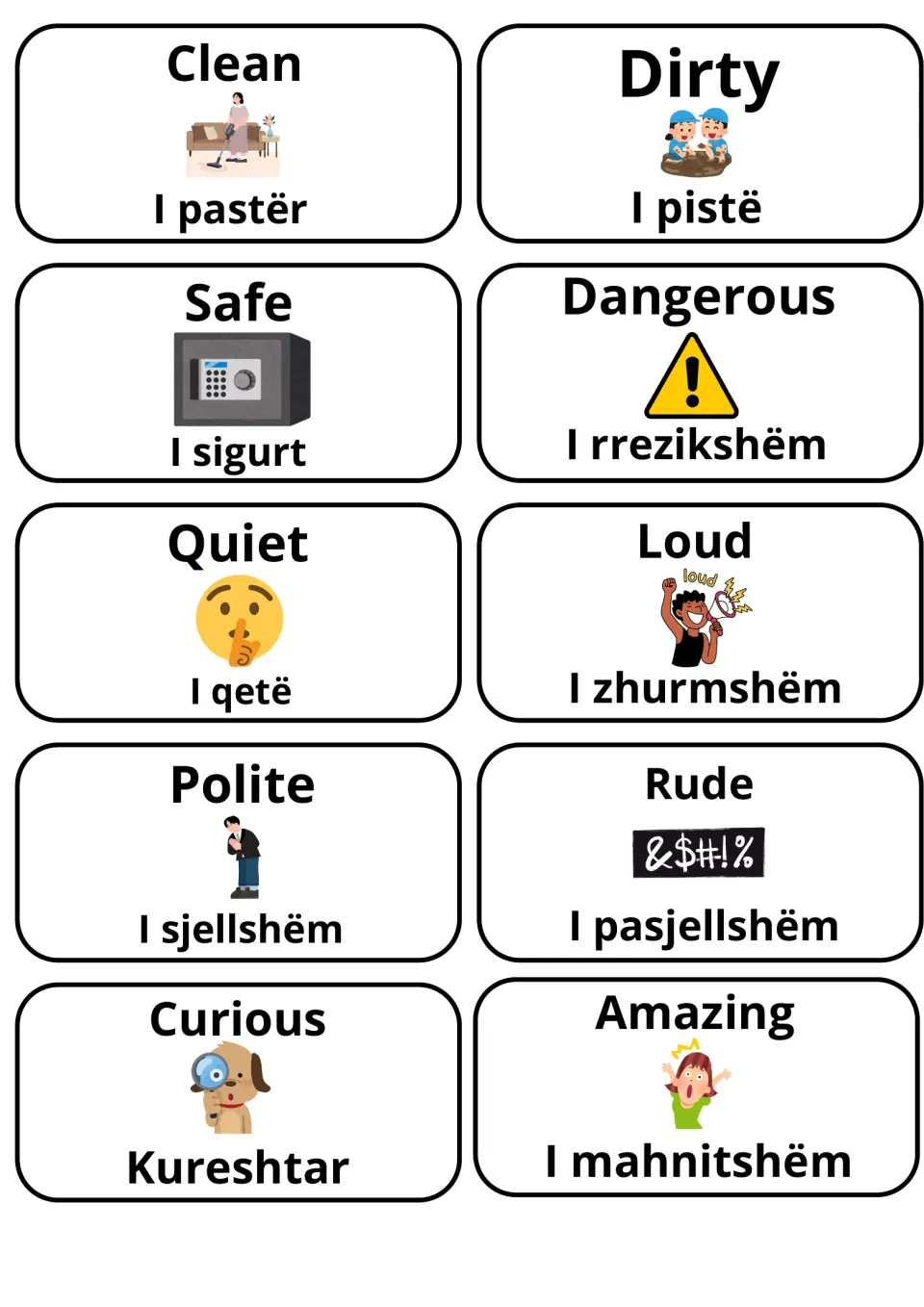 Bilingual word cards for clean/dirty, safe/dangerous, quiet/loud, polite/rude and curious/amazing with icons