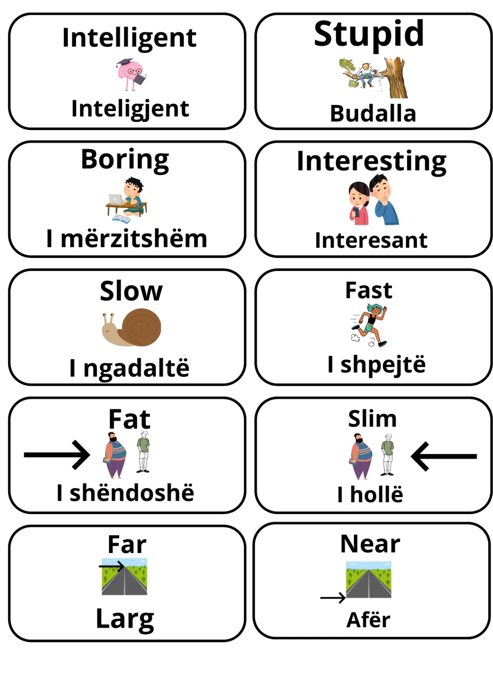 Albanian-English cards: intelligent/stupid, boring/interesting, slow/fast, fat/slim, far/near, with snail and road images