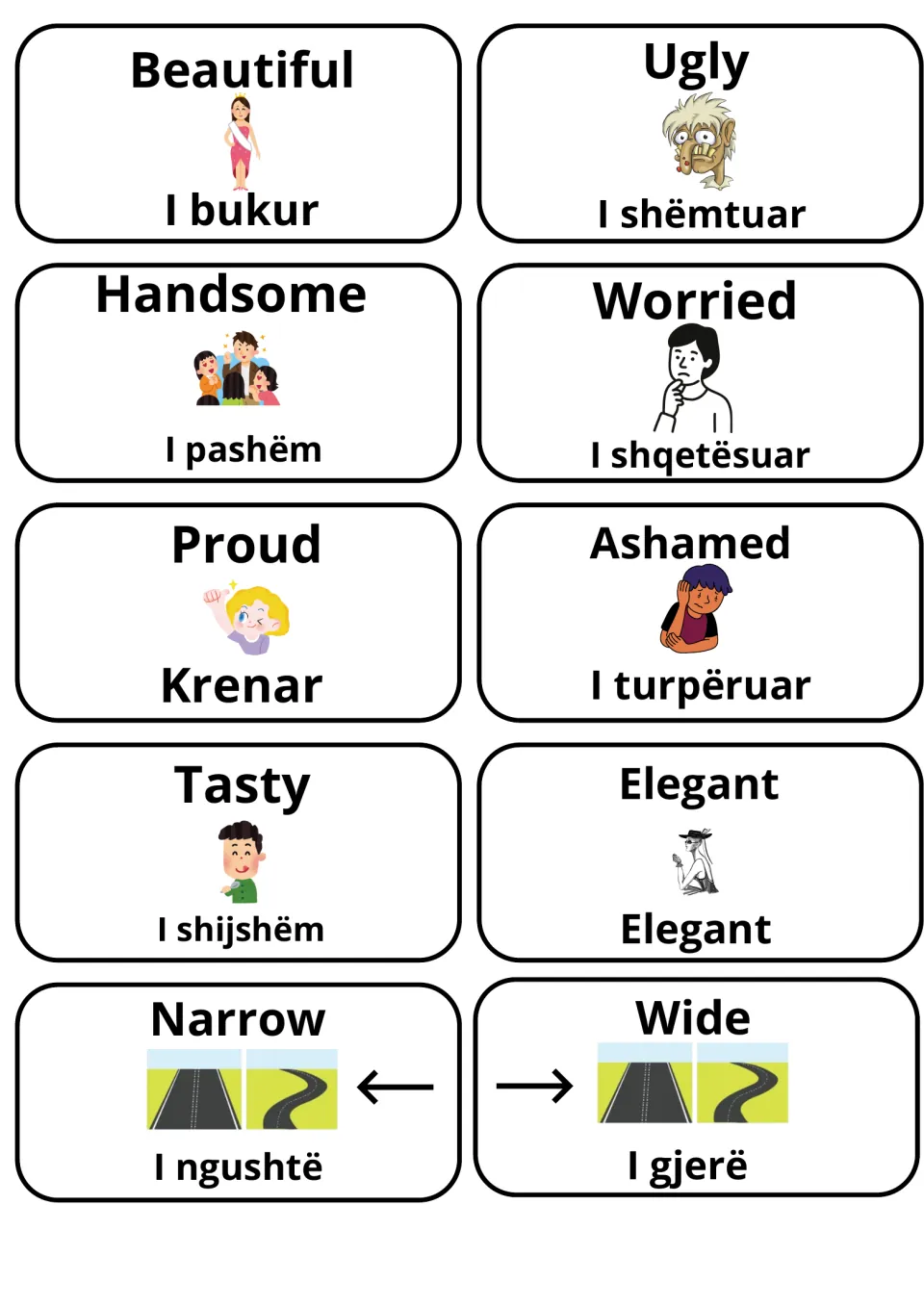 Appearance and feeling adjectives: beautiful/ugly, handsome/worried, proud/ashamed, tasty/elegant, narrow/wide in Albanian