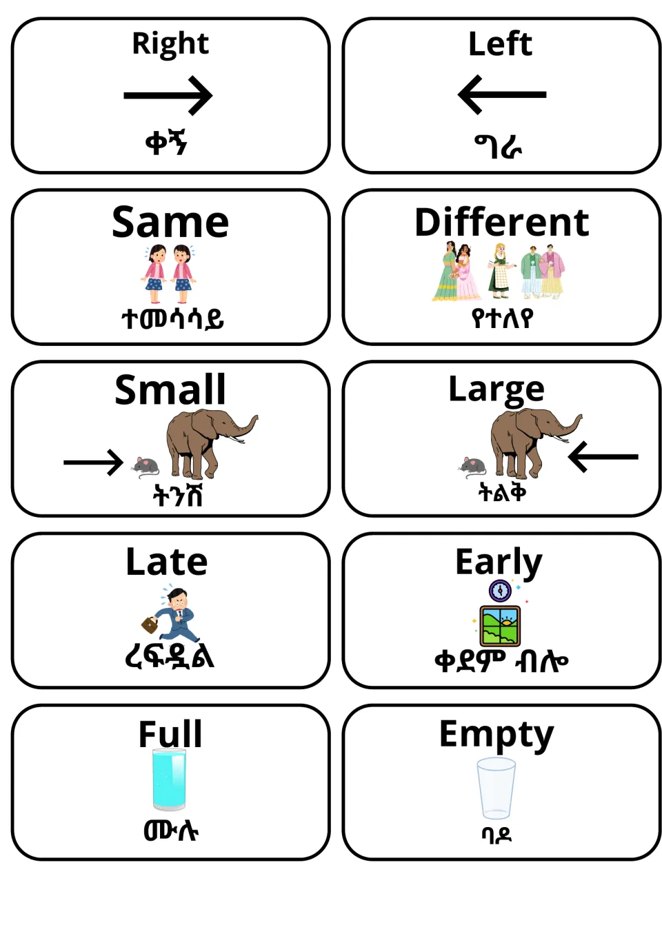 Ten adjective cards pairing right/left, same/different, small/large, late/early and full/empty with pictures and Amharic
