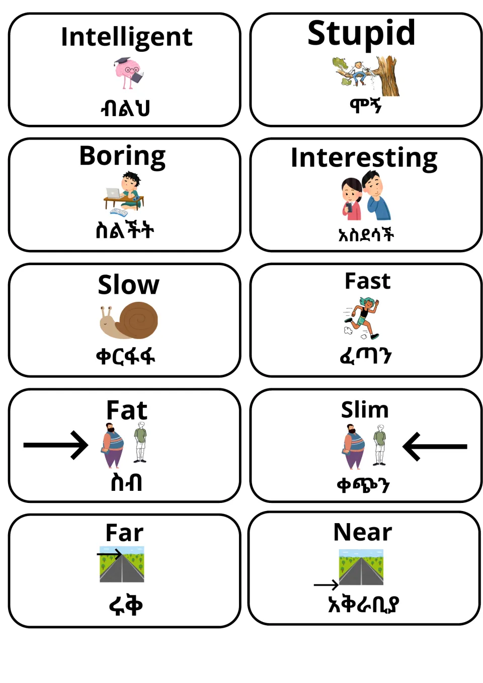 Antonym cards: intelligent/stupid, boring/interesting, slow/fast, fat/slim, far/near, illustrated with Amharic translations