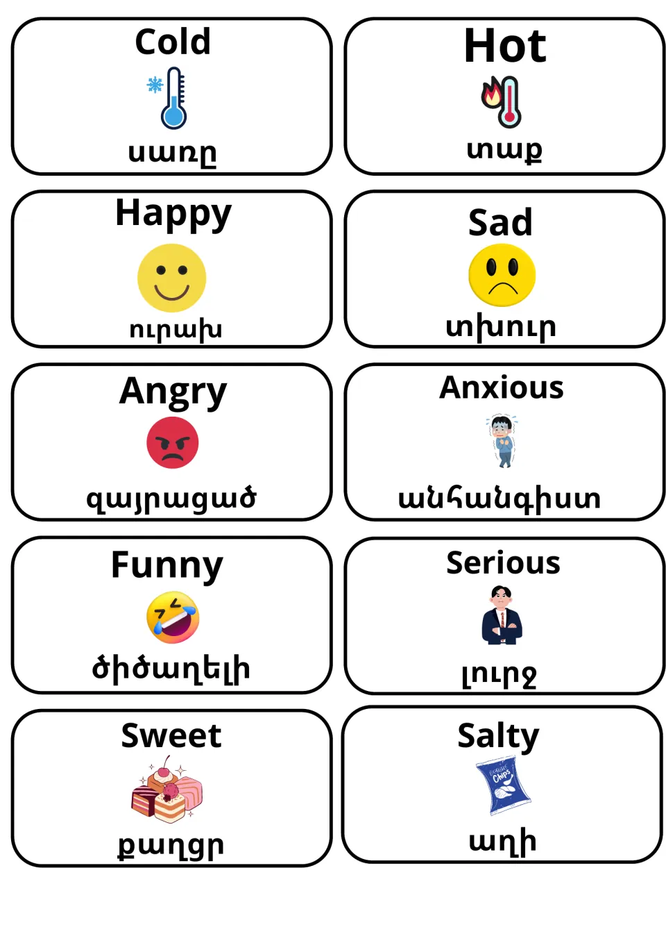 Feelings and senses adjectives in English and Armenian: cold, hot, happy, sad, angry, anxious, funny, serious, sweet, salty