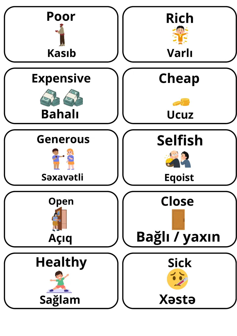 English-Azerbaijani adjective cards 31–40: poor, rich, expensive, cheap and six more, with illustrations.