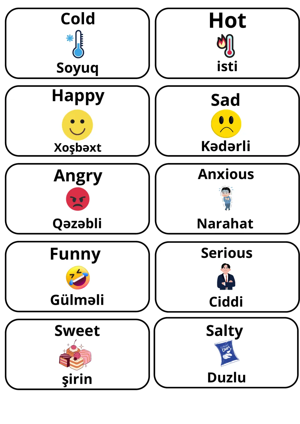 English-Azerbaijani adjective cards 41–50: cold, hot, happy, sad and six more, with illustrations.