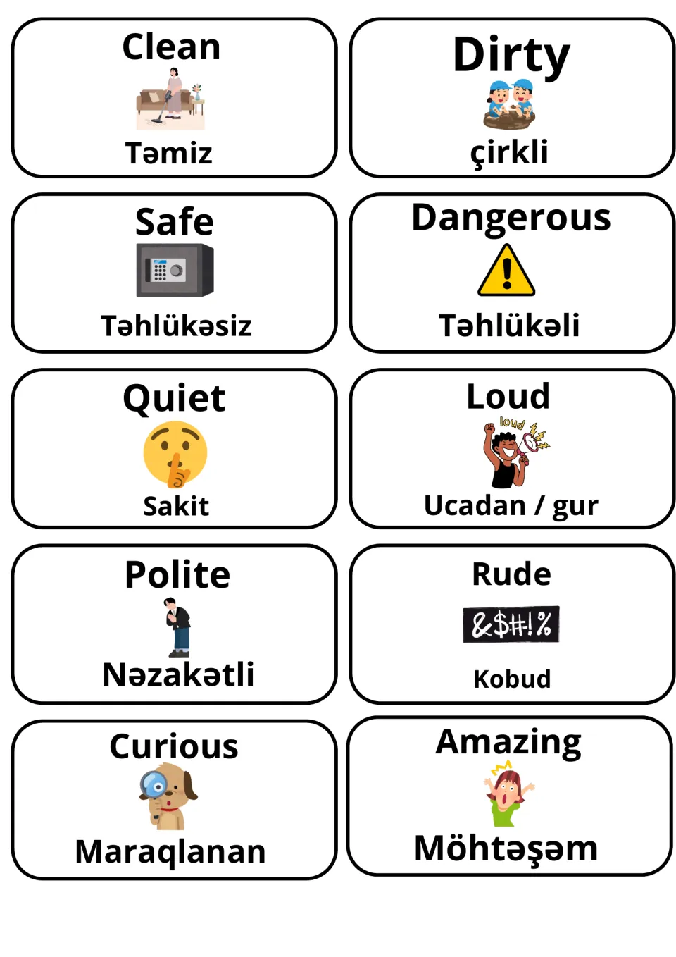 English-Azerbaijani adjective cards 51–60: clean, dirty, safe, dangerous and six more, with illustrations.