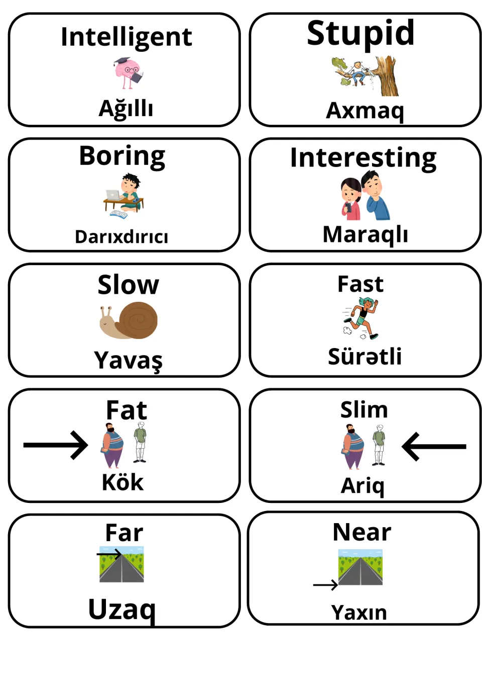 English-Azerbaijani adjective cards 61–70: intelligent, stupid, boring and seven more, with illustrations.