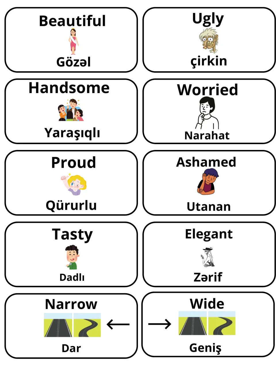 English-Azerbaijani adjective cards 71–80: beautiful, ugly, handsome and seven more, with illustrations.