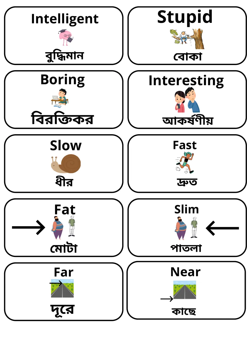 English and Bengali opposites cards: intelligent/stupid, boring/interesting, slow/fast, fat/slim, far/near, with pictures