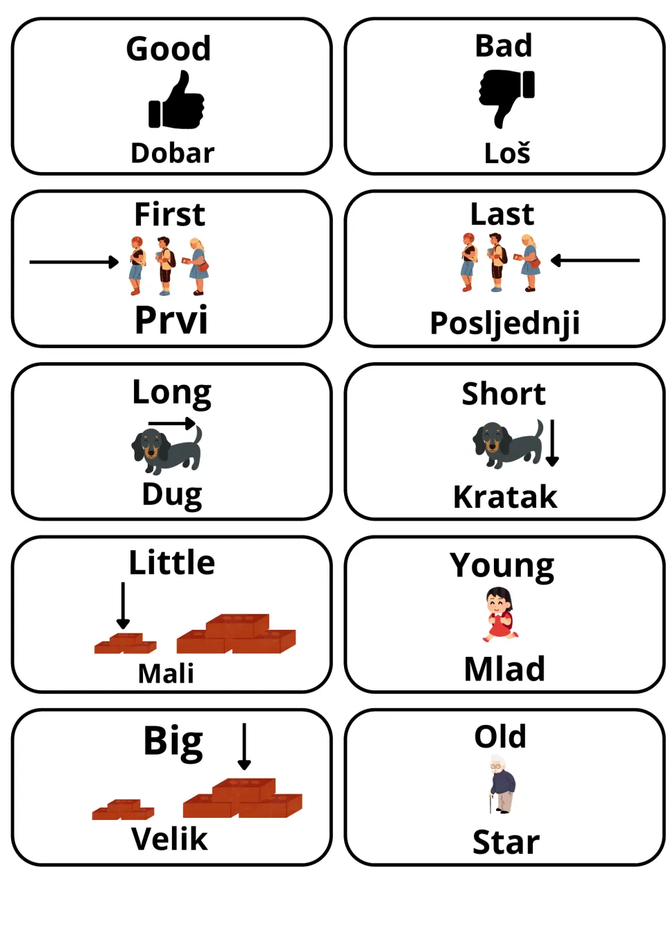 Adjective opposites in English and Bosnian: 10 picture cards for good/dobar, bad/loš, first, last, long, short, big, old