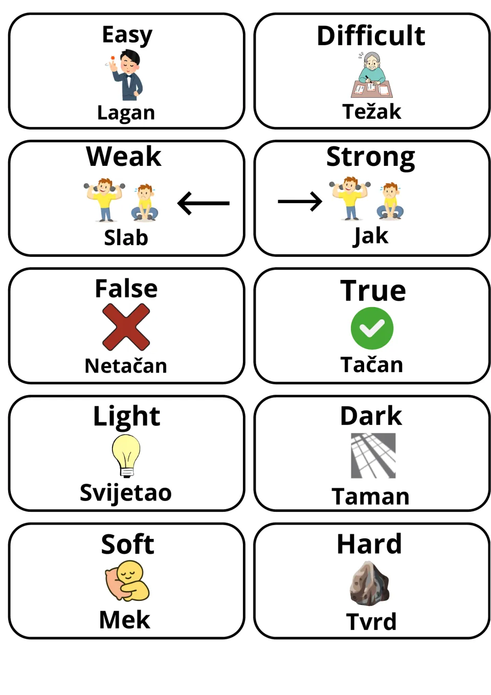 Bosnian adjective cards with pictures for opposites: easy/lagan, difficult/težak, weak, strong, false, true, light, dark