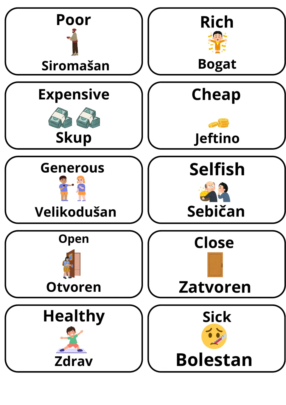 Opposite pairs with Bosnian translations: poor/siromašan, rich/bogat, expensive, cheap, generous, selfish, open, close
