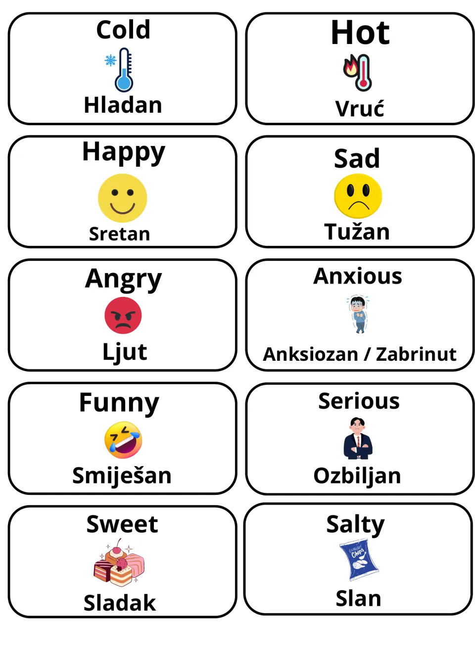 Feelings and temperature adjectives with Bosnian words: cold/hladan, hot/vruć, happy/sretan, sad/tužan, angry, anxious