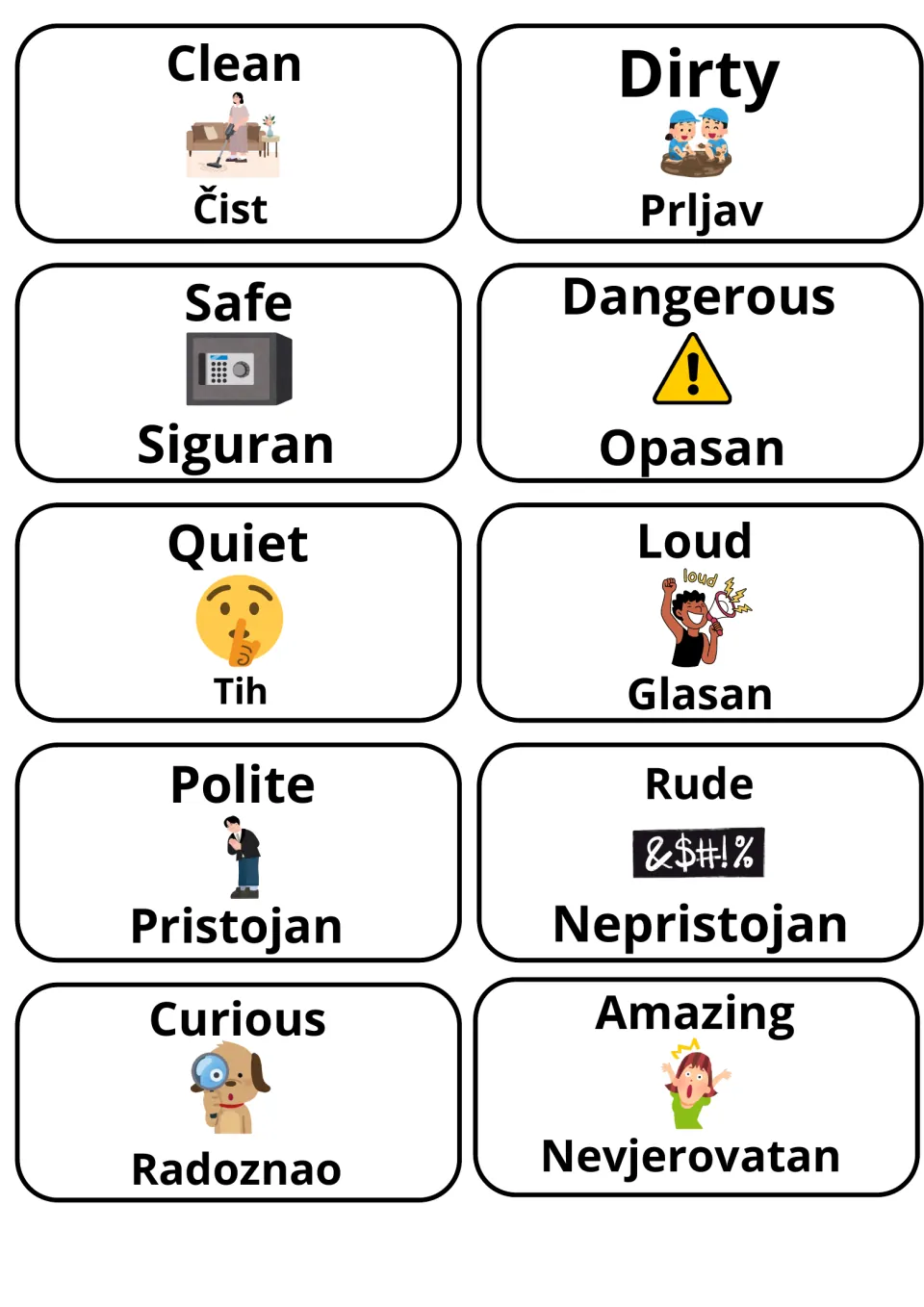 English-Bosnian adjective cards with icons: clean/čist, dirty/prljav, safe/siguran, dangerous, quiet, loud, polite, rude