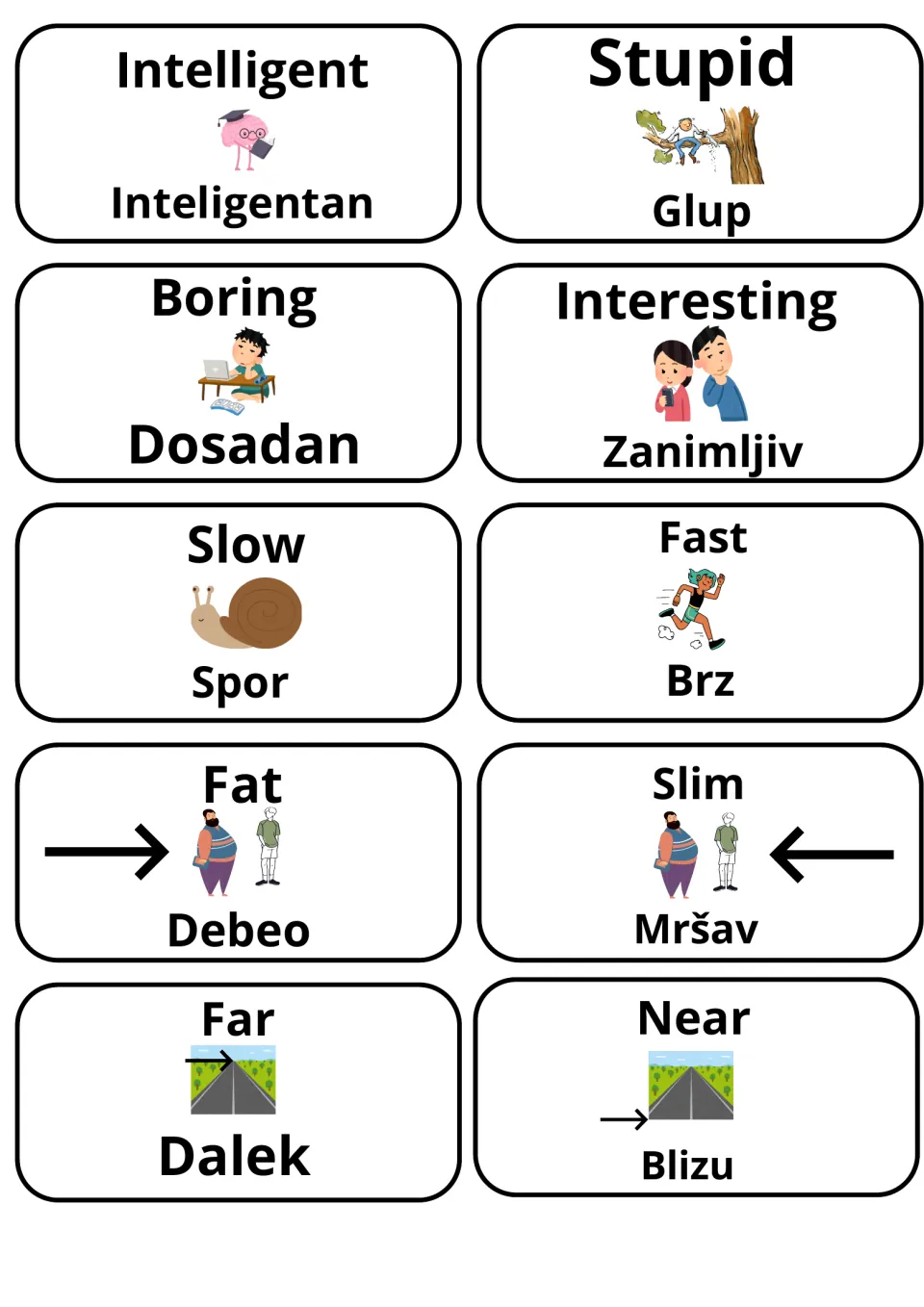 Adjective cards with Bosnian equivalents: intelligent/inteligentan, stupid/glup, boring, interesting, slow, fast, fat, slim