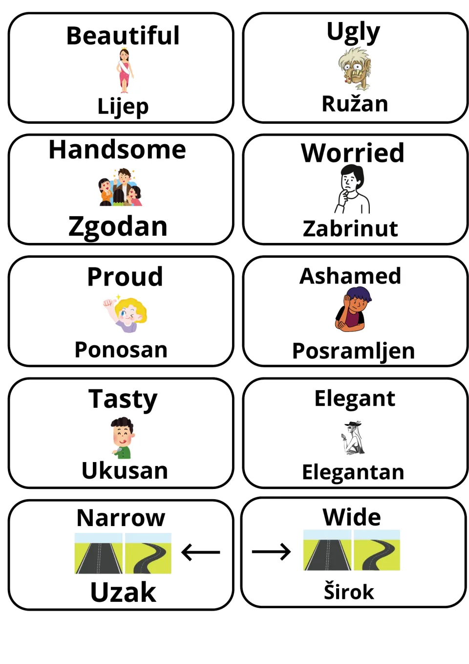 Describing-words cards in English and Bosnian: beautiful/lijep, ugly/ružan, handsome, worried, proud, ashamed, tasty