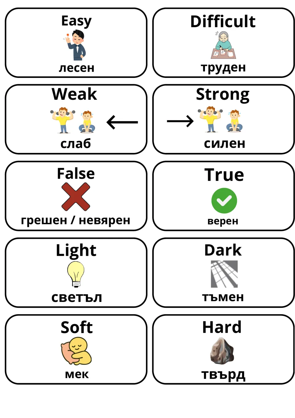 Adjective pairs easy/difficult, weak/strong, false/true, light/dark and soft/hard, each card giving English and Bulgarian
