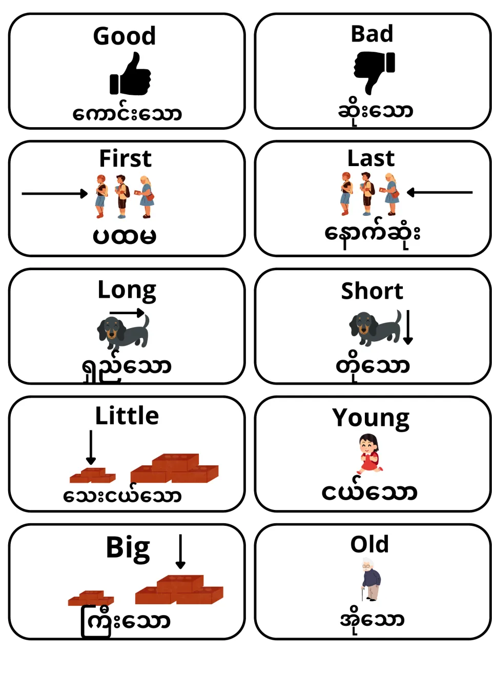 English-Burmese adjective cards with pictures: good, bad, first, last, long, short, little, young, big and old