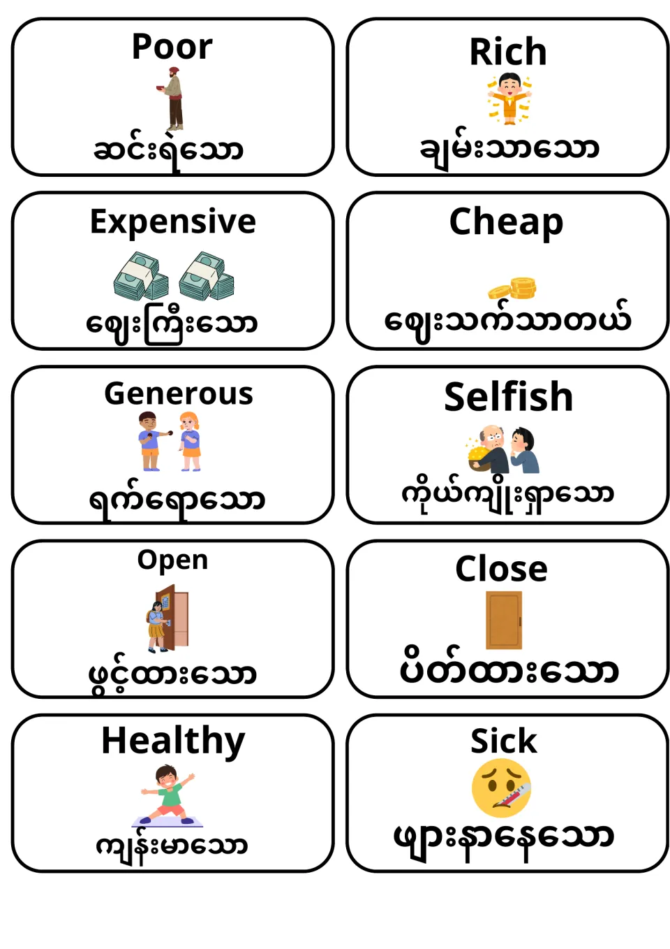 Adjective cards for poor, rich, expensive, cheap, generous, selfish, open, close, healthy and sick with Burmese words