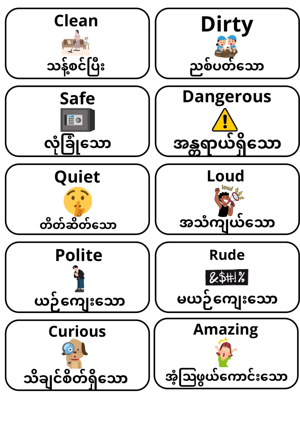 Picture cards for clean, dirty, safe, dangerous, quiet, loud, polite, rude, curious and amazing, labeled in Burmese