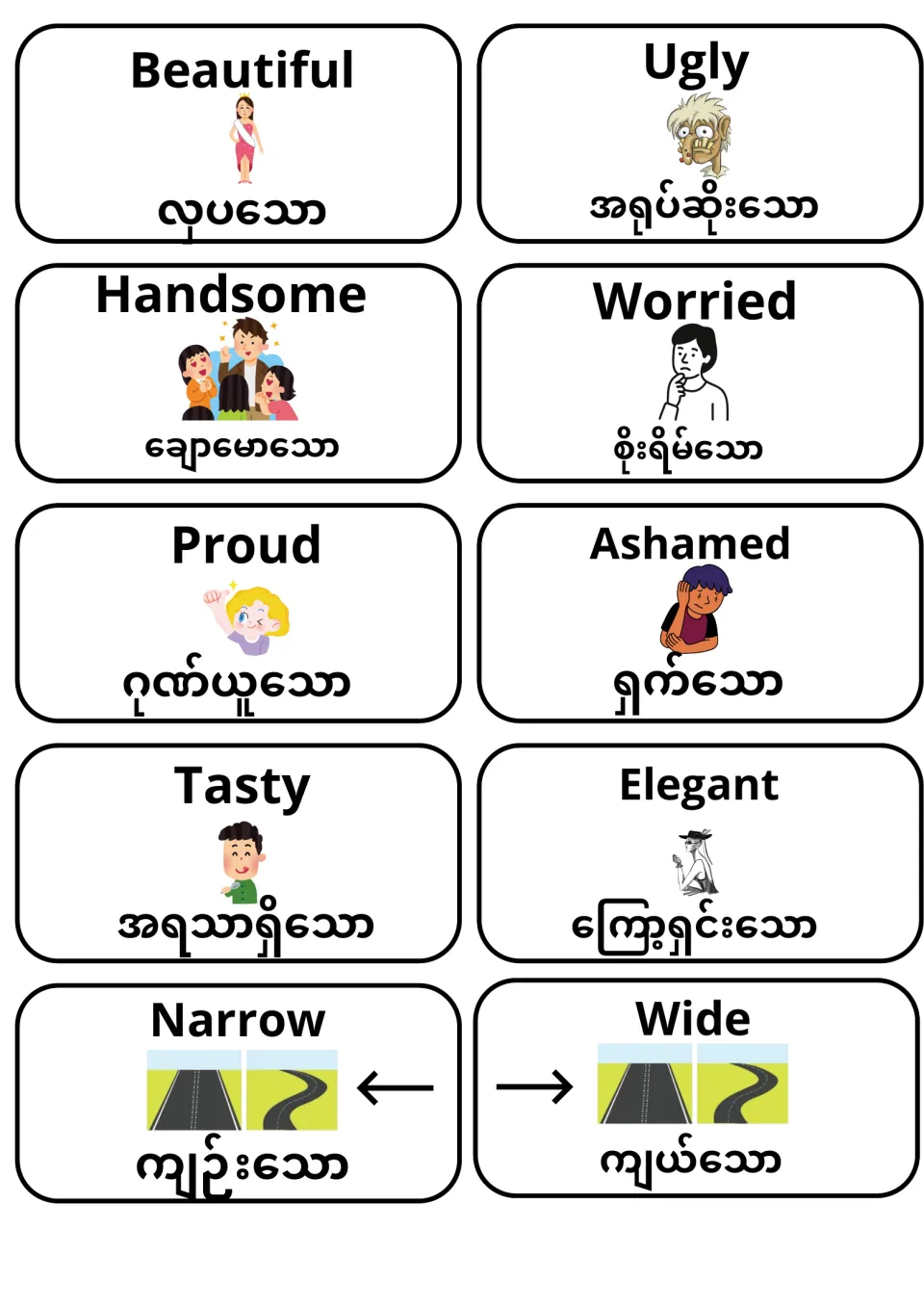 Describing words beautiful, ugly, handsome, worried, proud, ashamed, tasty, elegant, narrow, wide in English and Burmese