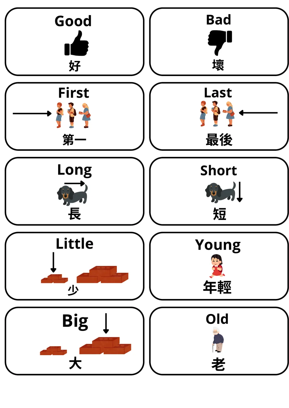 Adjective flashcards: good, bad, first, last, long, short, little, young, big and old, each with a picture and Cantonese