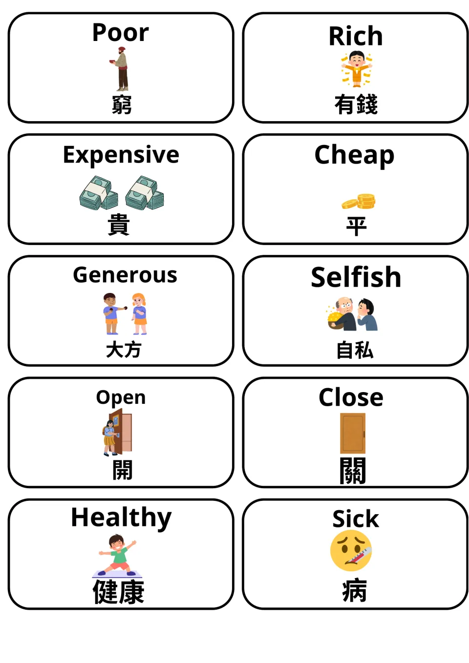 Adjective pairs: poor/rich, expensive/cheap, generous/selfish, open/close door and healthy/sick with Cantonese words