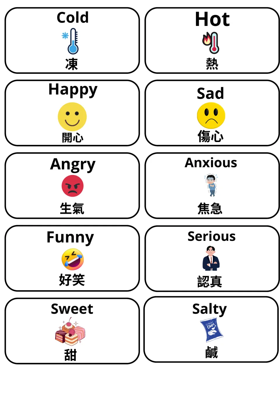 Feeling and taste words: cold/hot, happy/sad faces, angry, anxious, funny, serious, sweet cakes, salty chips