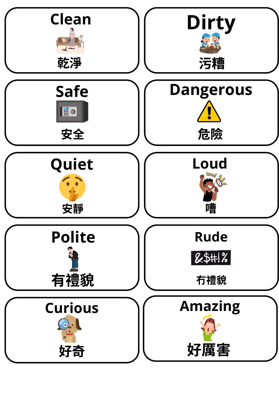 Adjective pictures with Cantonese: clean/dirty, safe/dangerous sign, quiet/loud, polite/rude, curious dog and amazing