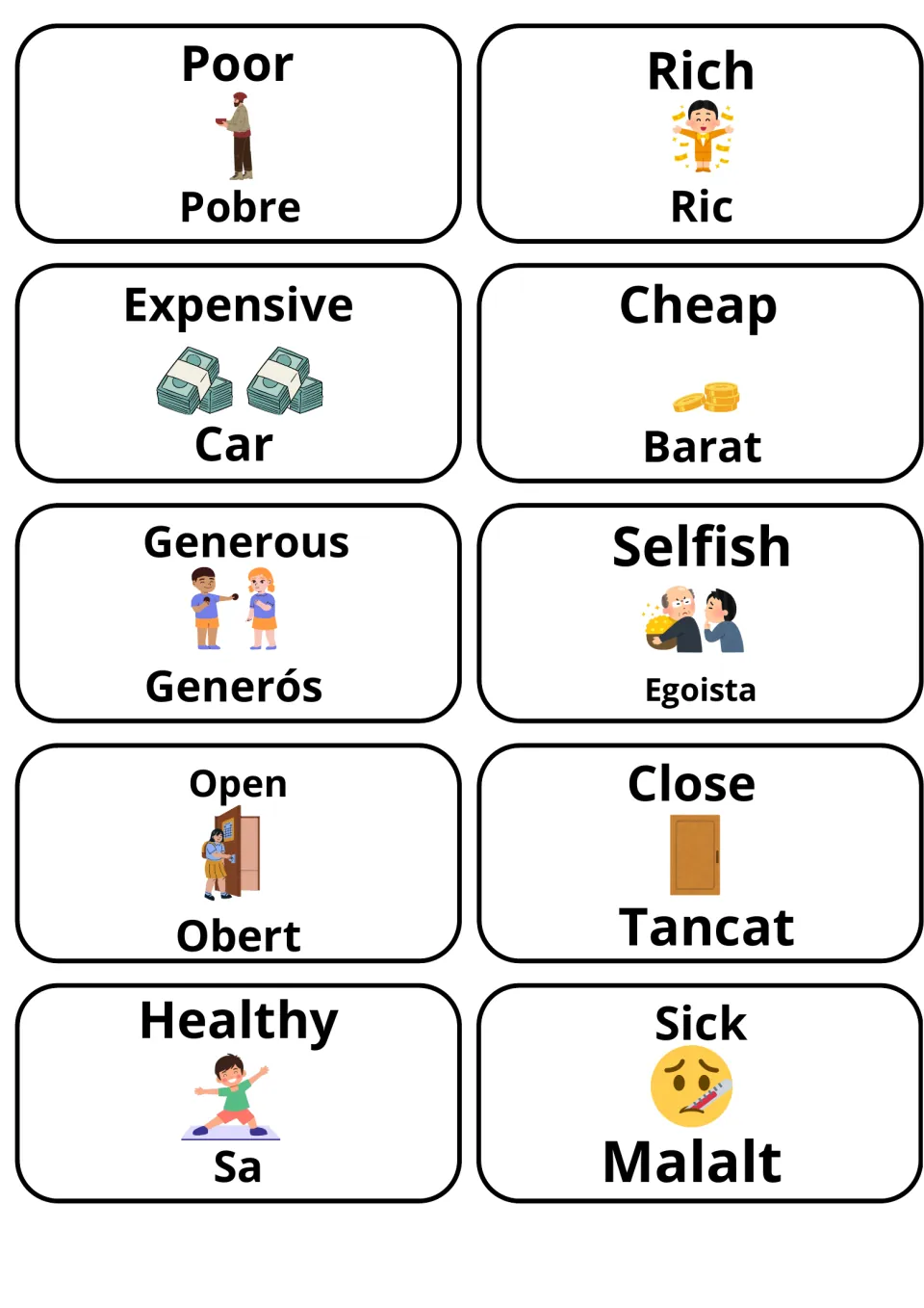 Adjective cards pairing English and Catalan: Poor/Pobre, Rich/Ric, Expensive/Car, Cheap/Barat, Open/Obert, Sick/Malalt