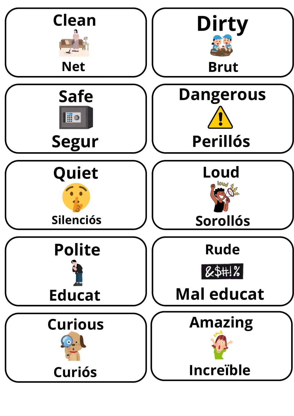 Catalan adjective cards: Clean/Net, Dirty/Brut, Safe/Segur, Dangerous/Perillós, Quiet/Silenciós, Loud/Sorollós