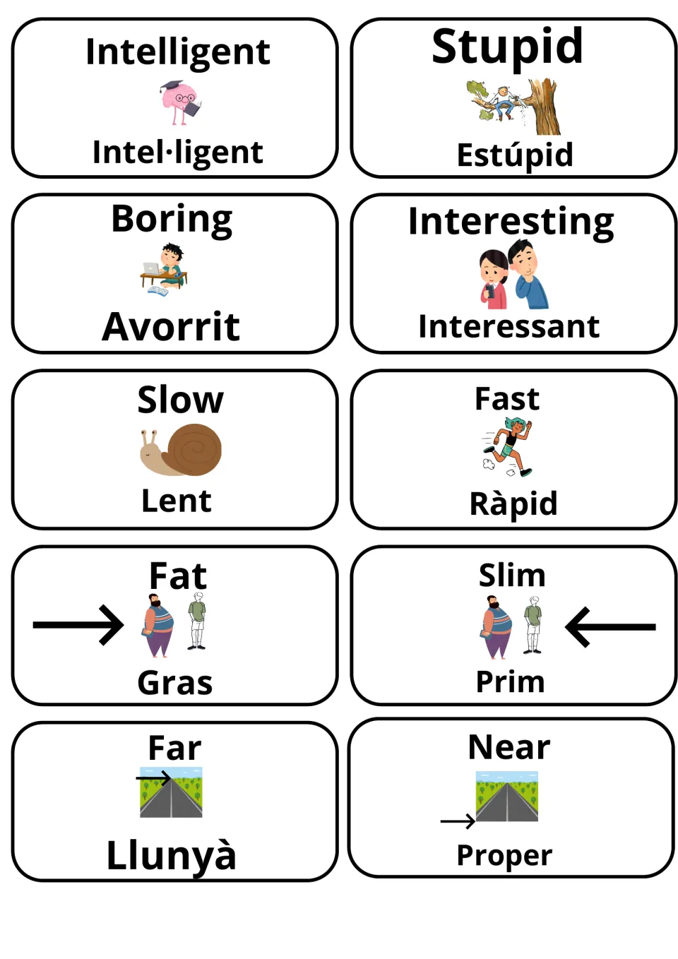 Opposites with Catalan translations: Intelligent, Stupid, Boring/Avorrit, Slow/Lent, Fast/Ràpid, Fat/Gras, Near/Proper