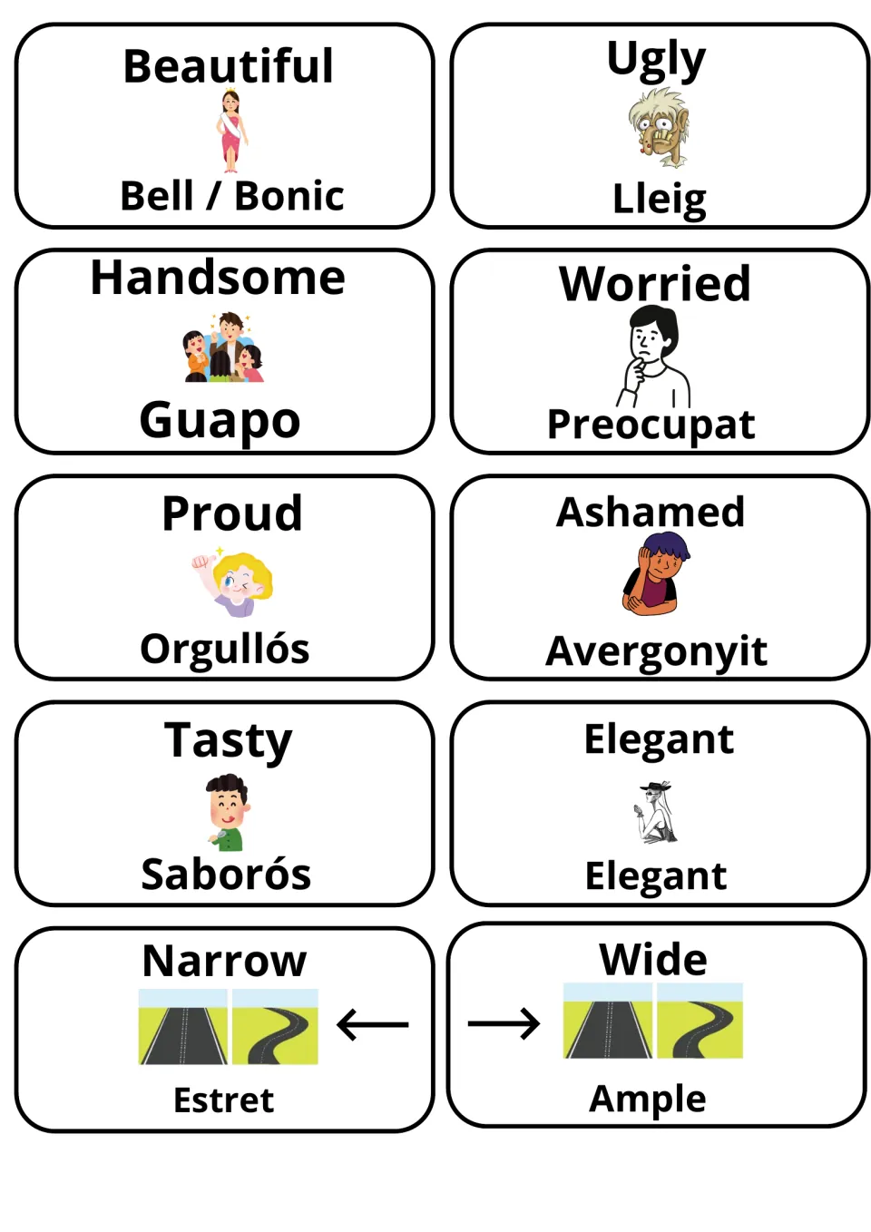 Catalan picture cards: Beautiful/Bell, Ugly/Lleig, Handsome/Guapo, Worried/Preocupat, Proud/Orgullós, Wide/Ample
