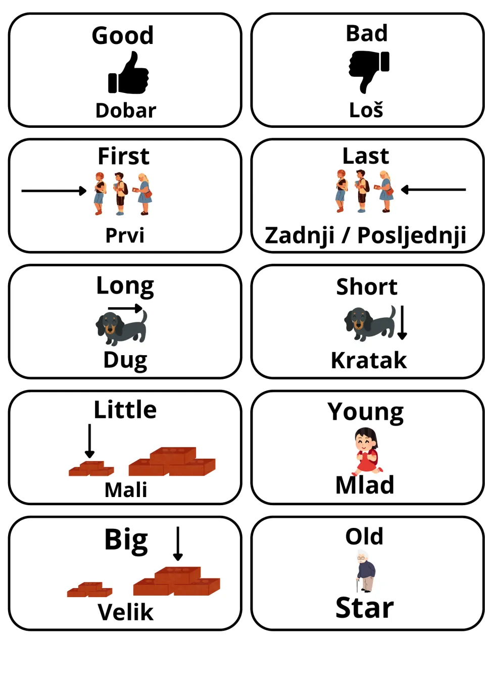 Adjective opposites flashcards: 10 picture cards pair English with Croatian, such as good/dobar, first/prvi, big/velik