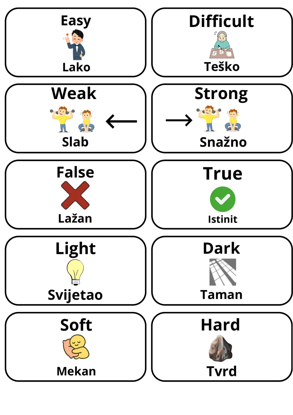 Croatian adjective flashcards with pictures for easy/lako, weak/slab, false/lažan, light/svijetao, soft/mekan and opposites