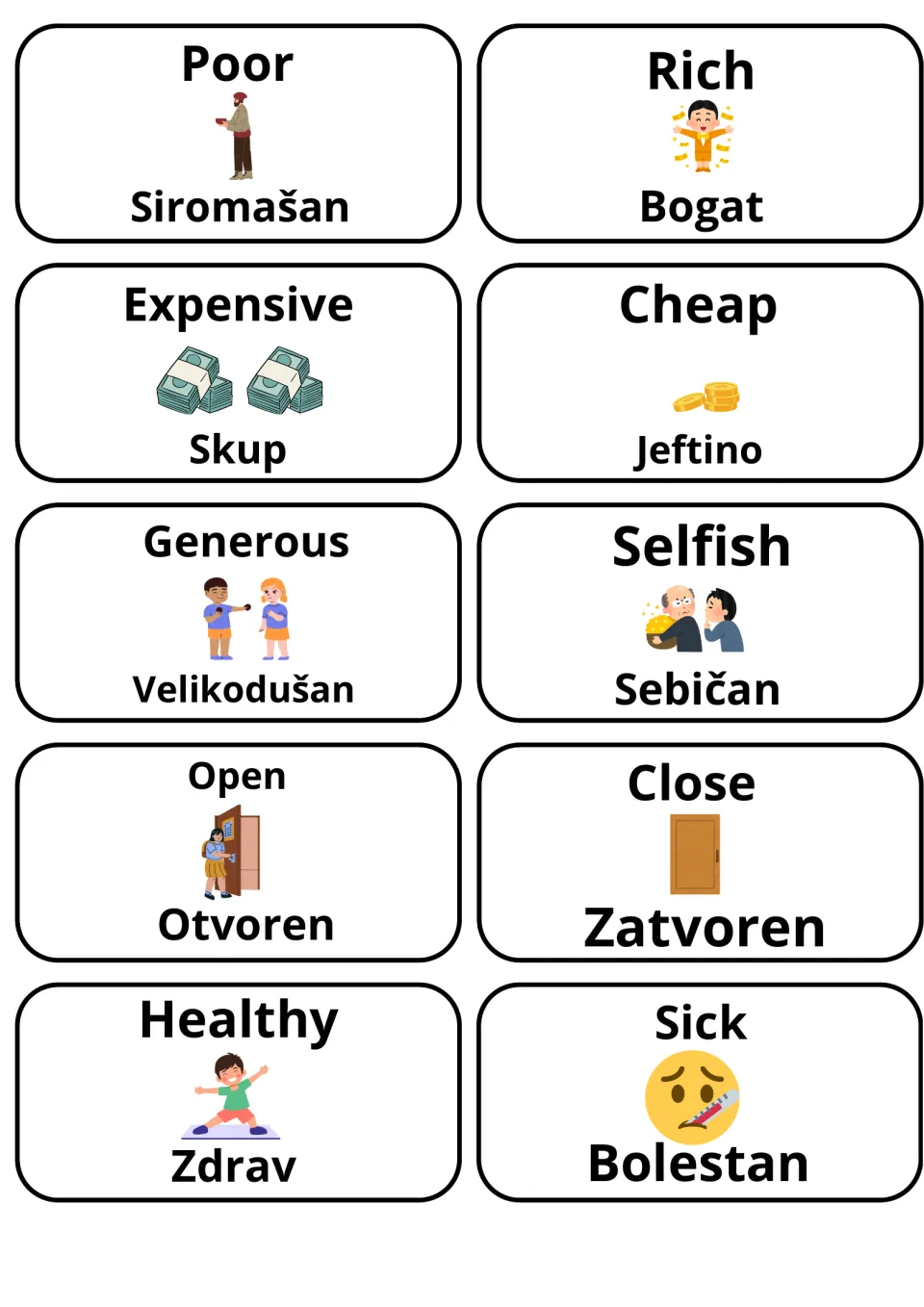 Picture cards for poor/siromašan, expensive/skup, generous/velikodušan, open/otvoren, healthy/zdrav and their opposites